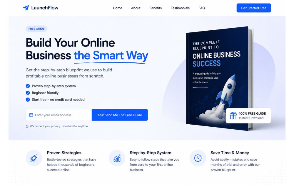 High converting landing page design with email signup form and CTA button for beginner online business funnel