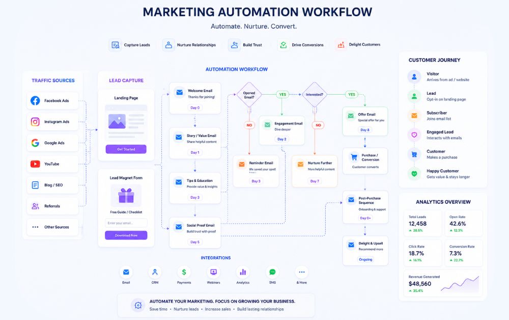 marketing automation workflow infographic showing lead capture email sequences funnels customer journey automation and analytics dashboard