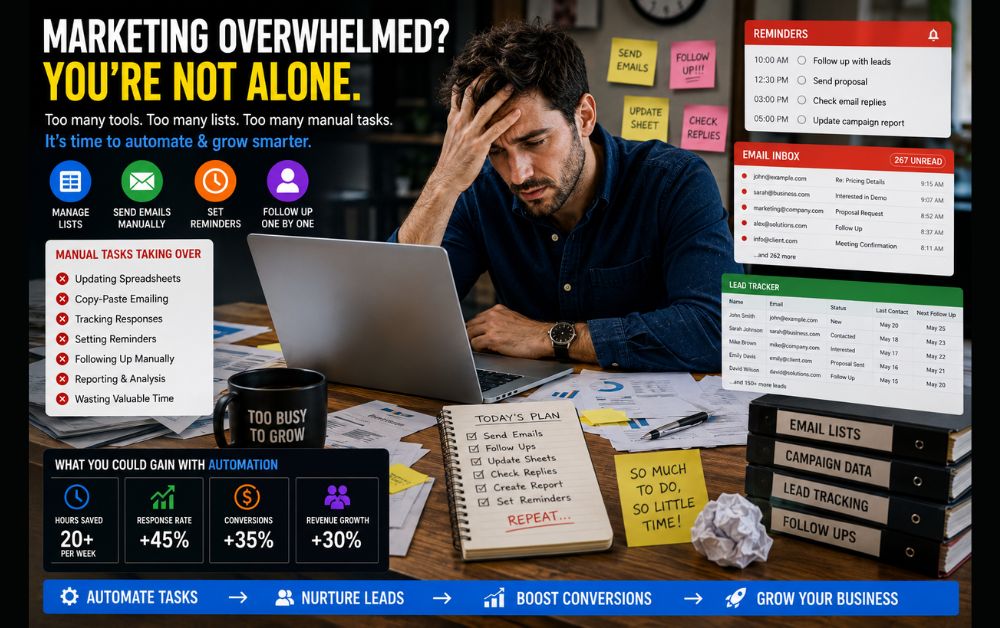 Marketing professional overwhelmed by spreadsheets, email lists, reminders, and manual follow-up tasks-Automated My Email Follow
