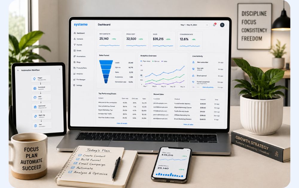 realistic workflow automation dashboard showing email sequences funnel analytics lead tracking and automation workflows in a clean modern SaaS interface