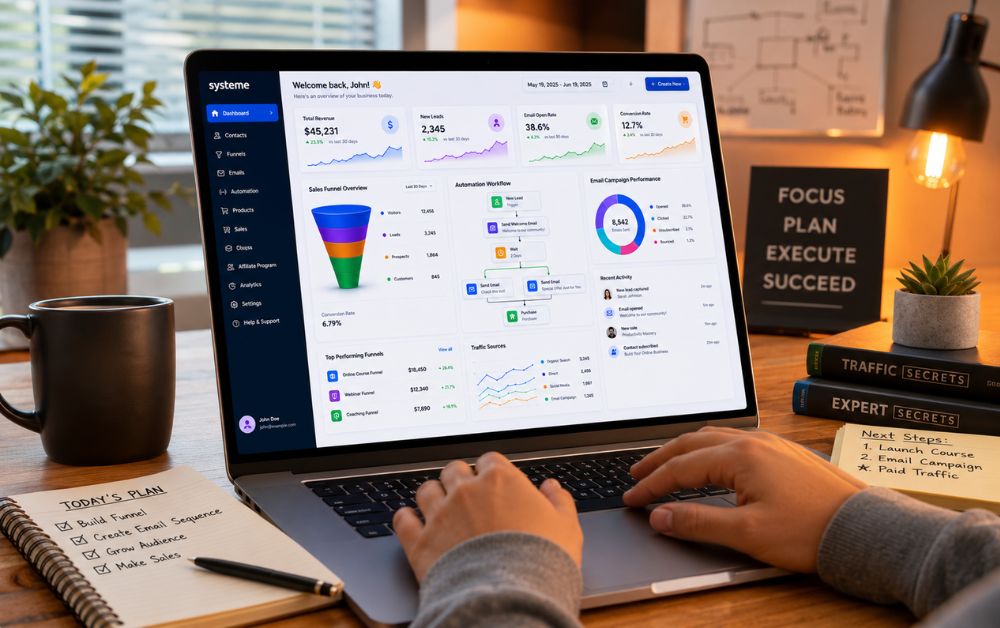 person using workflow automation dashboard with sales funnels email campaigns lead tracking and modern business productivity system