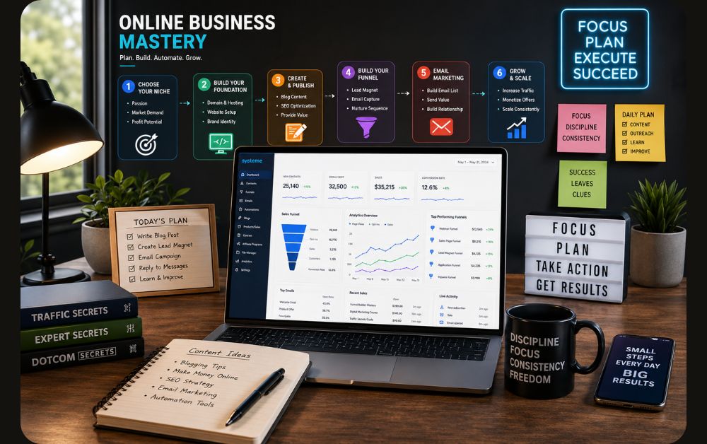 online business mastery workspace showing blogging funnels email marketing automation and growth roadmap in a modern productivity setup