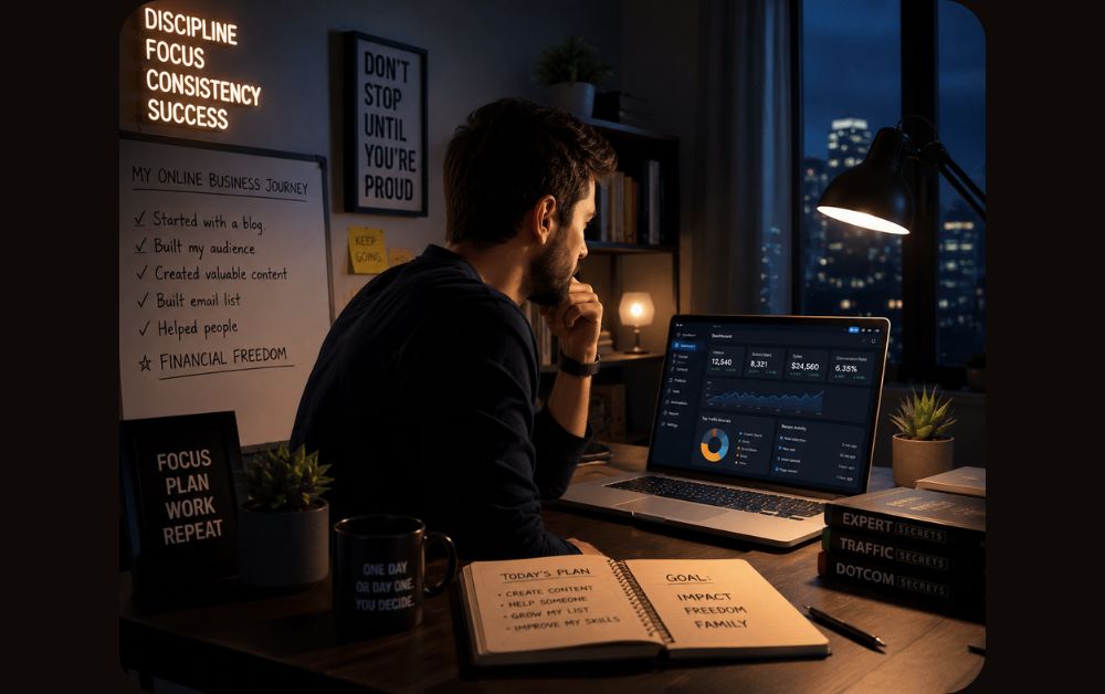 person reflecting on online business journey at night with laptop organized digital workflow growth mindset and cinematic creator workspace