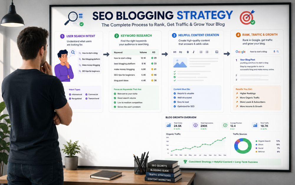 SEO blogging strategy infographic showing user search intent keyword research helpful content creation and blog ranking growth with realistic entrepreneur workspace