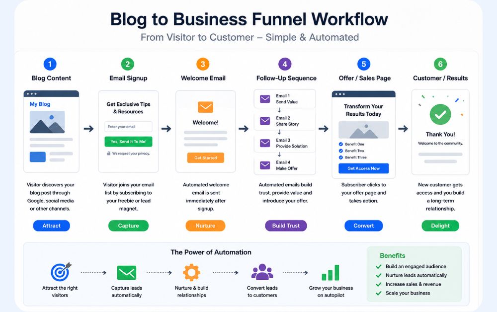 simple funnel workflow diagram showing visitor journey from blog content to email signup automated follow up sequence and customer conversion