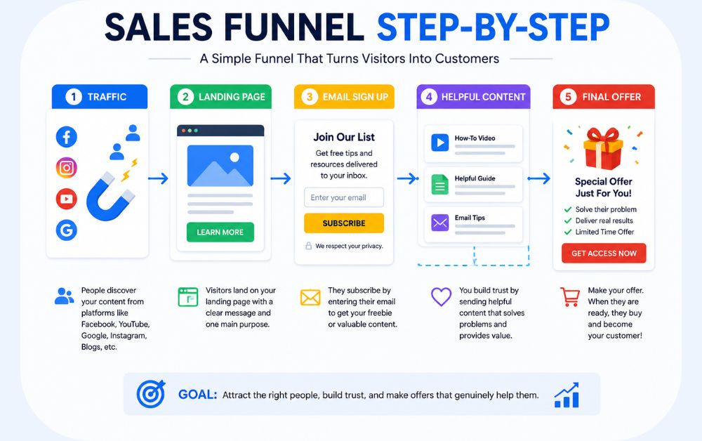 simple step by step sales funnel diagram for beginners showing traffic landing page email signup helpful content and final offer conversion process ,7 Mistakes Beginners Make Before Building Their First Funnel