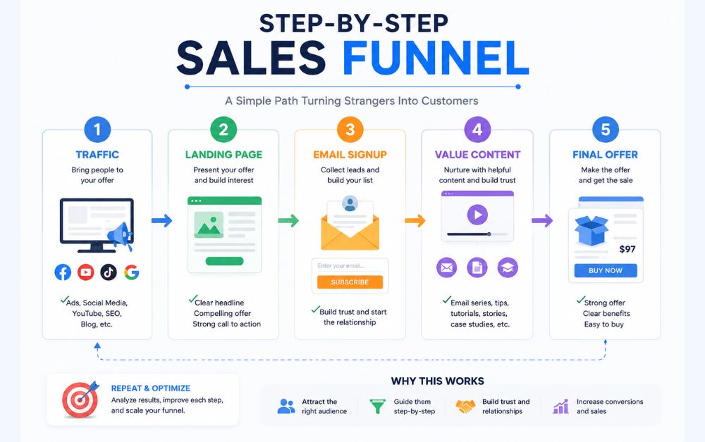 step by step sales funnel diagram showing traffic landing page email signup value content and final offer with conversion flow infographic (13 Reasons Most Beginners Finally Stick With Their Online Business in 2026)