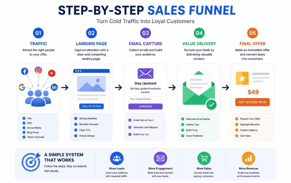 step by step sales funnel diagram showing traffic to landing page to email capture value delivery and final offer with clear conversion journey