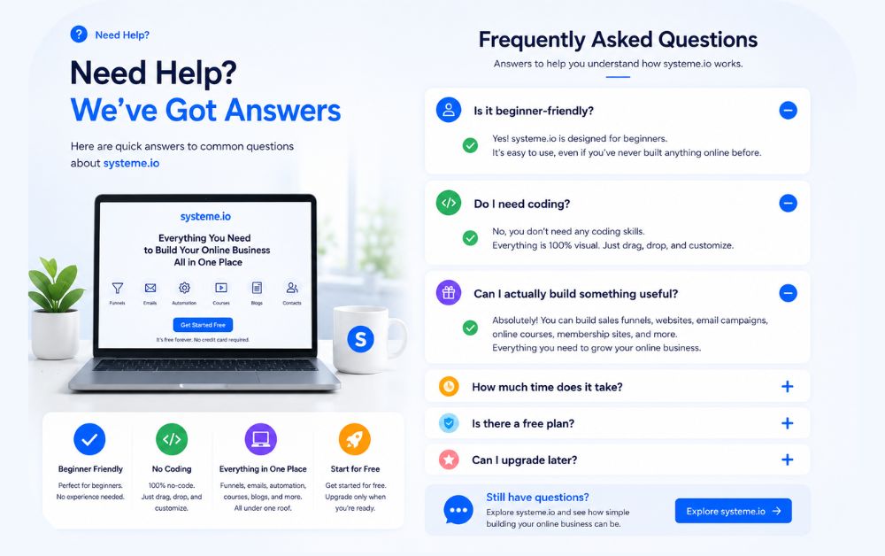 systeme.io faq section for beginners showing no coding sales funnel builder email marketing automation and online business tools in one dashboard