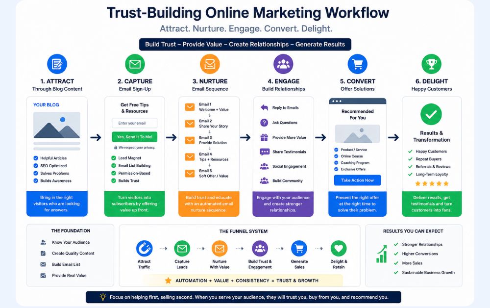 trust building online marketing workflow infographic showing blog content email nurture sequence audience engagement and organized funnel system