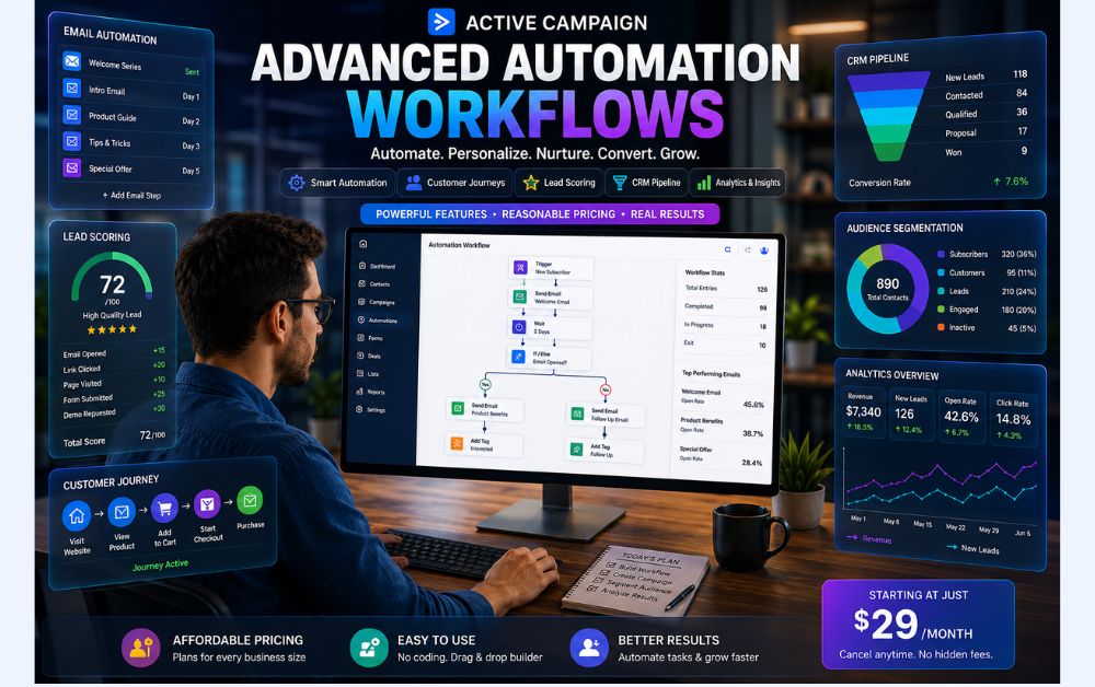 Digital marketer building automation workflows, CRM pipelines, customer journeys, and lead scoring campaigns in ActiveCampaign.
