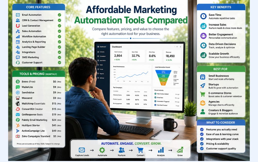 Business owner comparing affordable marketing automation tools with pricing, CRM dashboard, and automation features.