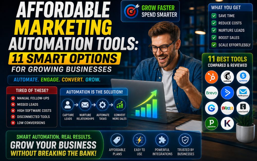Business owner comparing affordable marketing automation tools with CRM, email automation, and sales growth dashboards.
