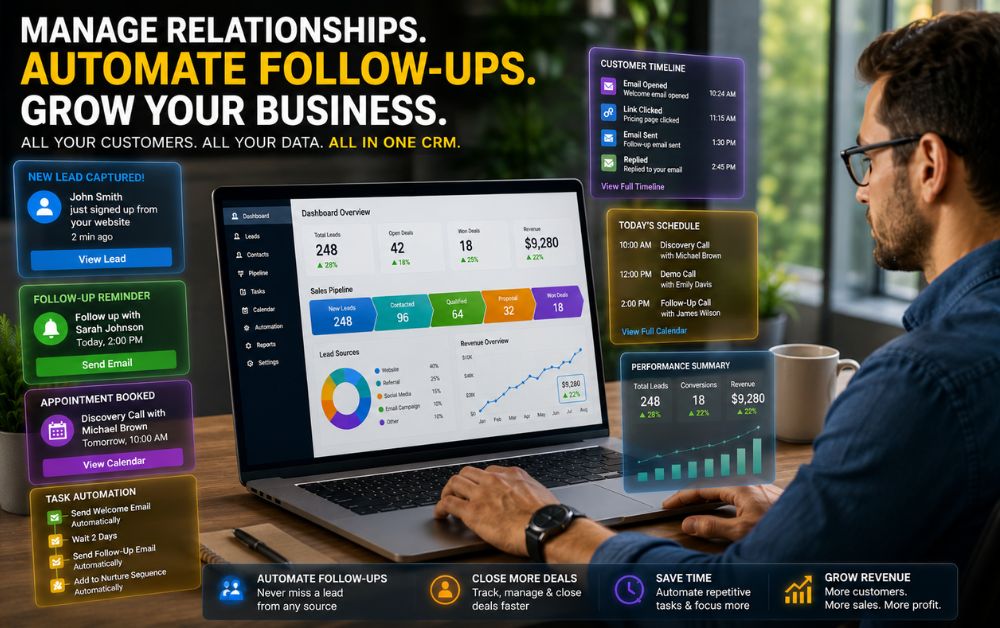 Best CRM for Small Business Automation Small business owner using a CRM dashboard with lead tracking and automated follow-ups.