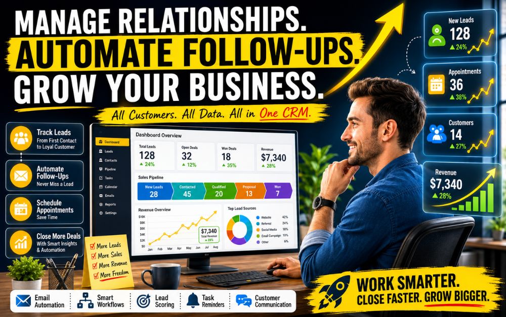 Business owner managing customer relationships with a modern CRM dashboard and sales automation.