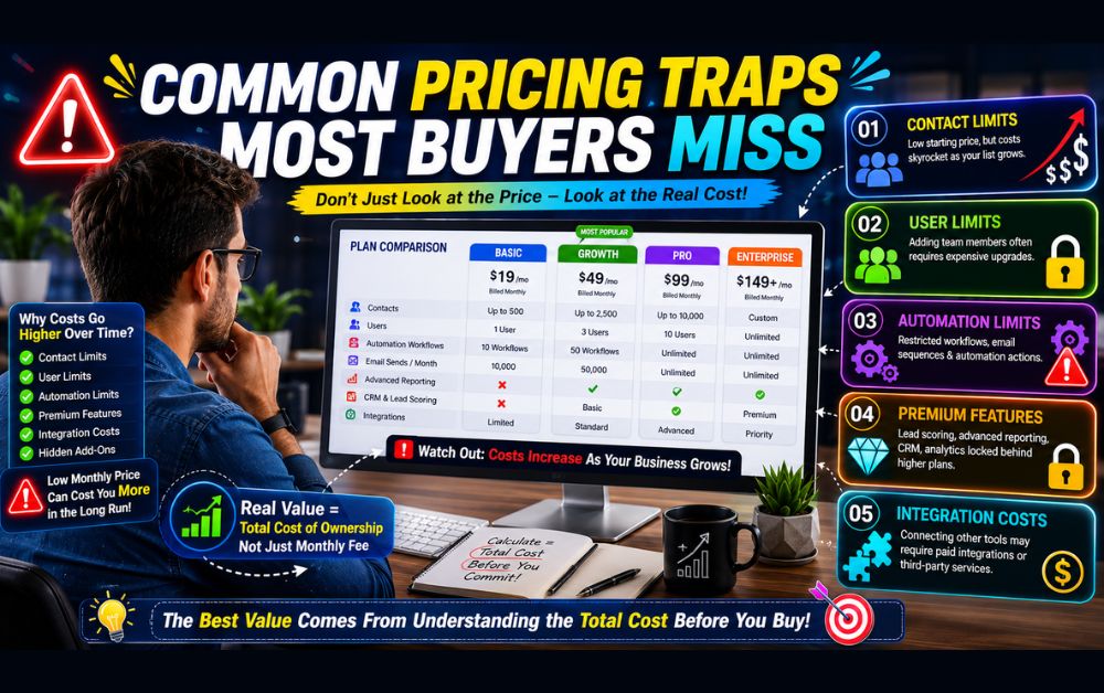 Business owner reviewing software pricing plans and hidden marketing automation costs.