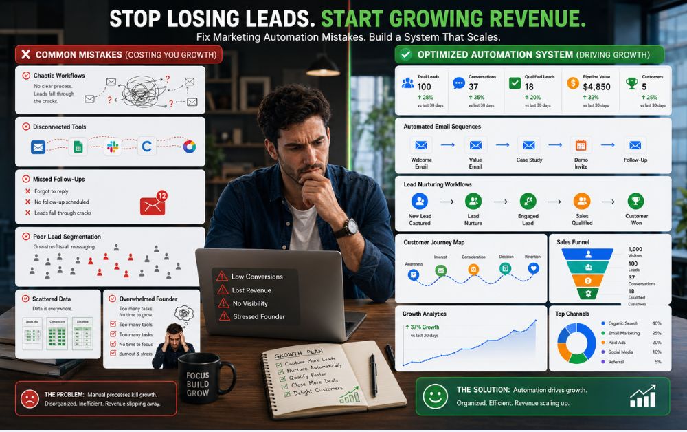 Startup founder comparing marketing automation mistakes with an optimized CRM and sales funnel system.