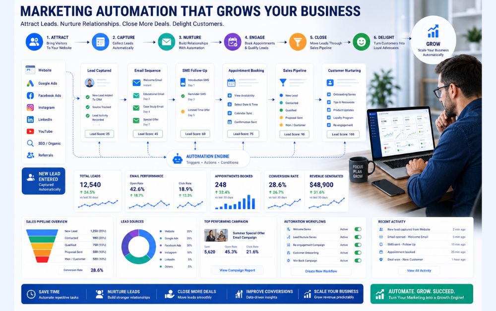 Marketing automation workflow dashboard with CRM, email campaigns, and sales funnel tracking