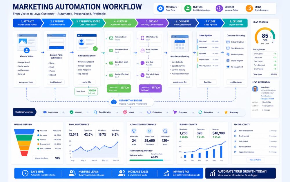 Marketing automation workflow infographic with CRM, email automation, and sales funnel stages, Best Marketing Automation Software for Small Businesses 2026