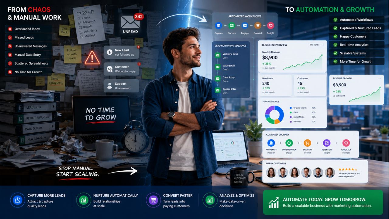 Marketing automation for startups with CRM and workflow dashboards