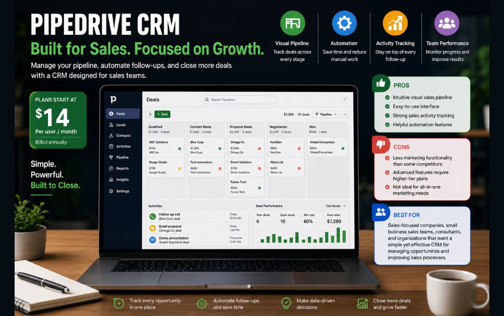 Pipedrive CRM dashboard with visual sales pipeline and deal tracking.