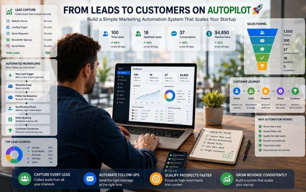 Startup founder using a laptop with CRM dashboard, lead tracking, and marketing automation workflow.