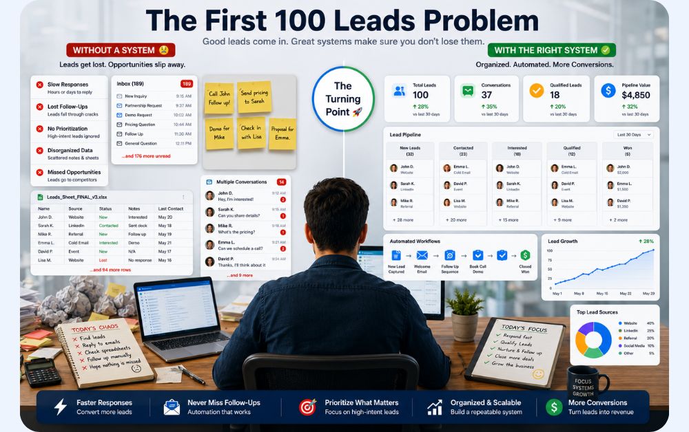 Startup founder managing first 100 leads with CRM dashboard and lead tracking system.