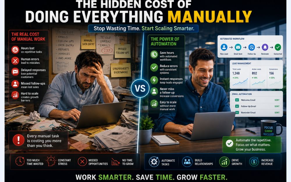 Business owner comparing manual work with automated workflows and CRM automation.