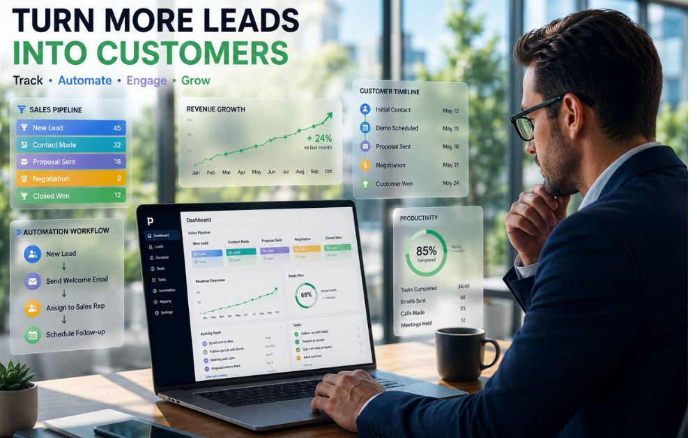 Business owner using a CRM dashboard to manage leads and automate customer follow-ups.
