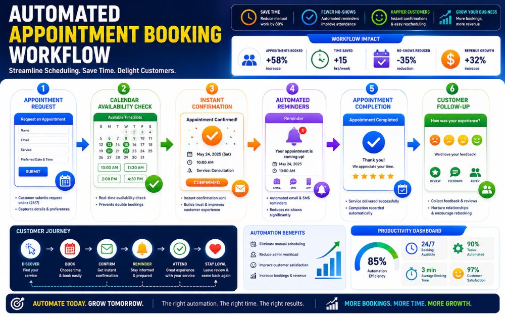 Marketing Automation for Service Businesses infographic showing an automated appointment booking workflow with scheduling, reminders, confirmations, follow-ups, and customer retention.