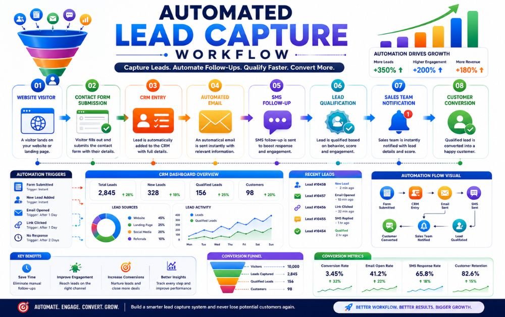 How to Automate Lead Capture and Never Lose Potential Customers infographic showing website visitor, contact form, CRM, automated email, SMS follow-up, lead qualification, sales team notification, and customer conversion.