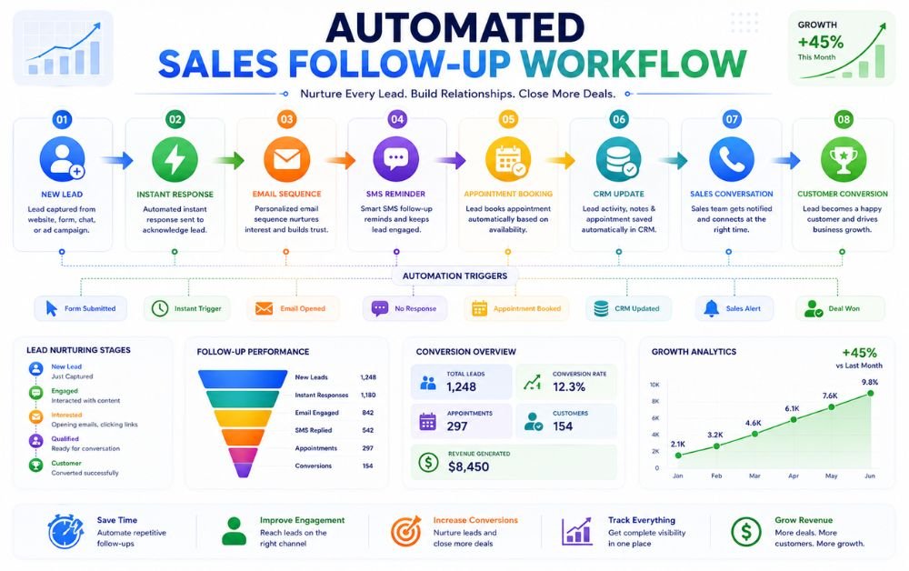 Sales Follow-Up Automation infographic, automated sales workflow, CRM follow-up automation, email automation, SMS follow-up, lead nurturing, sales pipeline, customer conversion, CRM dashboard, small business sales automation.