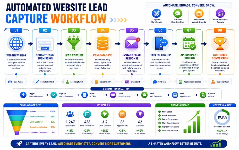 Local Business Marketing Automation infographic showing an automated website lead capture workflow with CRM, email automation, SMS follow-ups, appointment booking, and customer conversion.