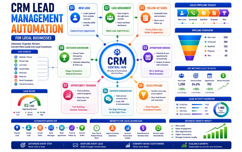 Local Business Marketing Automation infographic showing CRM lead management, lead assignment, appointment booking, sales pipeline, customer communication, and customer conversion.