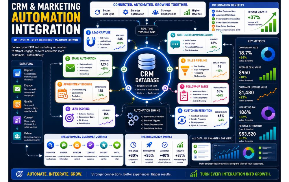 CRM and Marketing Automation Integration infographic showing lead capture, email automation, sales pipeline, customer communication, and customer retention.