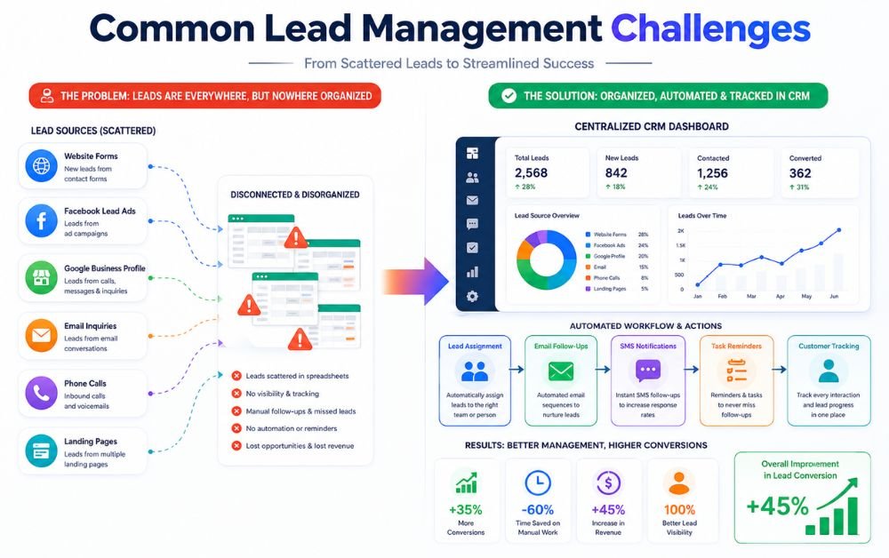 Lead Capture to CRM Automation infographic showing common lead management challenges, CRM organization, automated follow-ups, and conversion tracking.