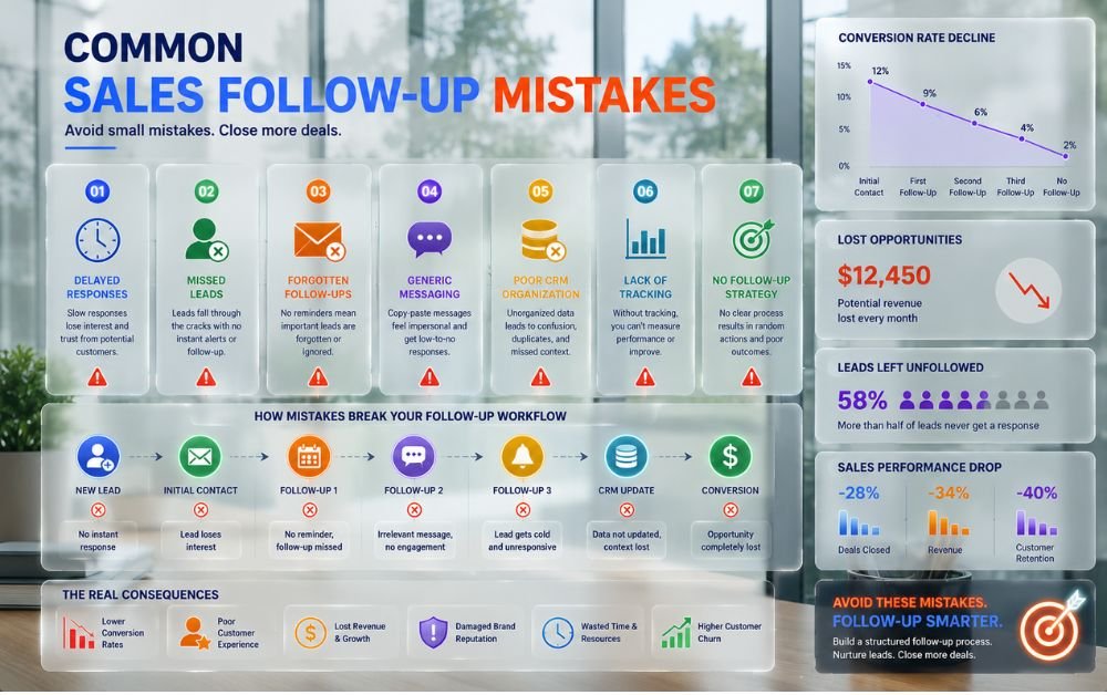Sales Follow-Up Automation infographic, common sales follow-up mistakes, CRM follow-up workflow, lead nurturing, missed leads, delayed responses, sales pipeline management, conversion optimization, small business CRM.