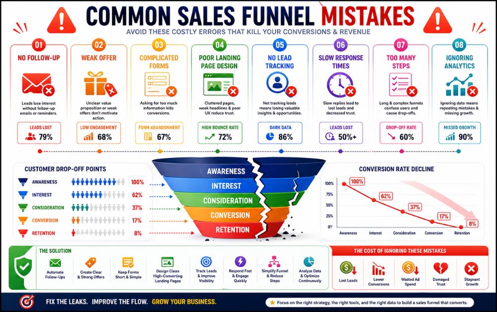 How to Build a Sales Funnel for a Small Business Using Affordable Tools infographic showing common sales funnel mistakes, weak offers, poor landing pages, missed follow-ups, and low conversions.