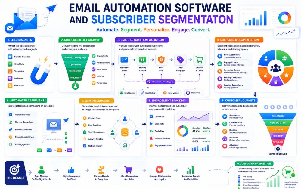 automated email campaigns with subscriber segmentation, email workflows, CRM integration, and conversion tracking