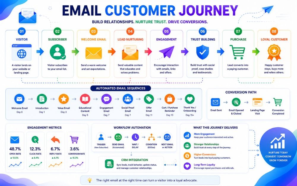 automated email campaigns to guide visitors through the complete email customer journey from subscriber to loyal customer