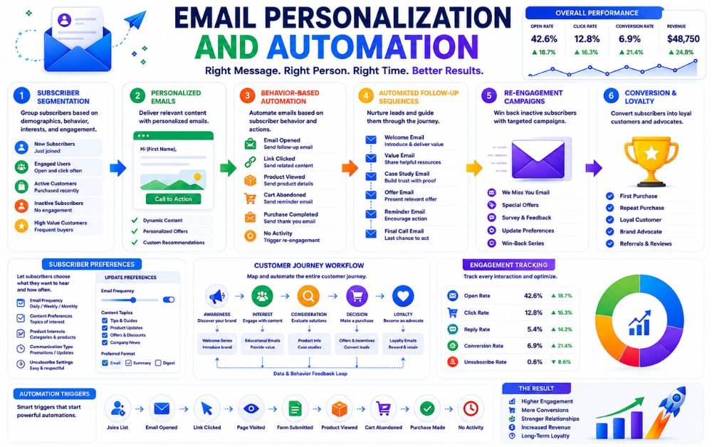automated email campaigns with personalized emails, subscriber segmentation, behavior-based automation, and engagement tracking