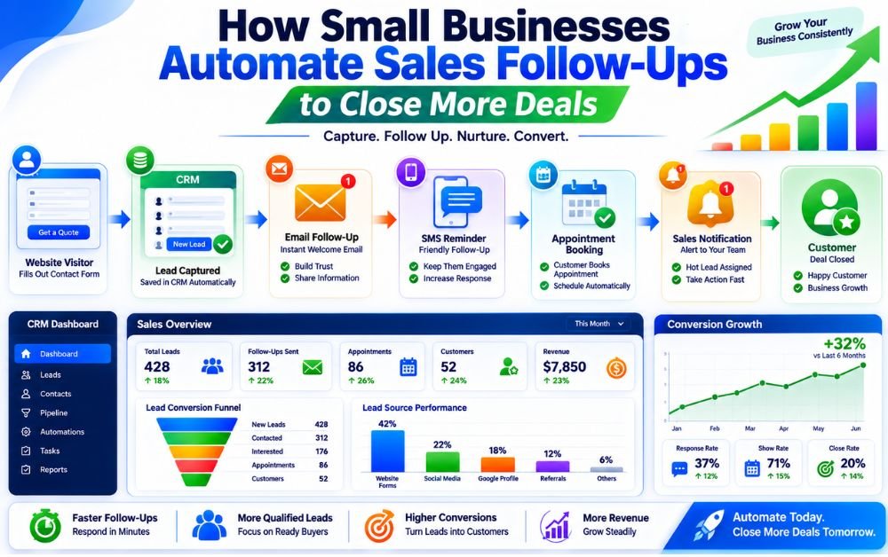 Sales Follow-Up Automation infographic, automated sales follow-up workflow, CRM automation, lead nurturing, email automation, SMS follow-up, small business sales automation.