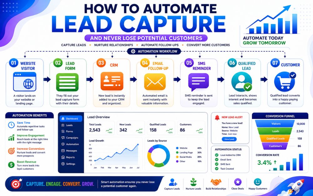 How to Automate Lead Capture and Never Lose Potential Customers infographic showing website visitor, lead form, CRM, email follow-up, SMS reminder, qualified lead, and customer conversion.