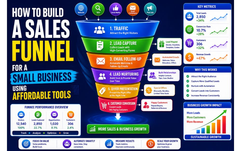 How to Build a Sales Funnel for a Small Business Using Affordable Tools infographic showing traffic, lead capture, email follow-up, lead nurturing, offer presentation, and customer conversion.