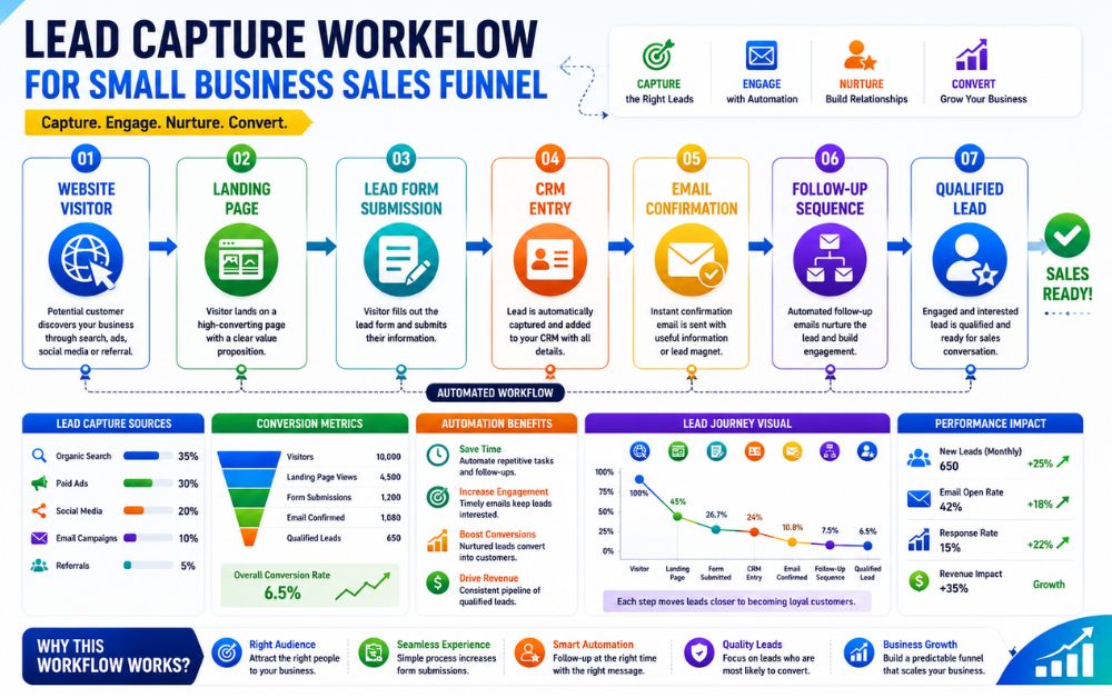 How to Build a Sales Funnel for a Small Business Using Affordable Tools infographic showing website visitor, landing page, lead capture, CRM, email follow-up, and qualified lead workflow.