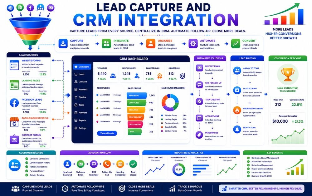 Lead capture and CRM integration infographic, CRM lead management, lead capture automation, marketing automation workflow, CRM dashboard, lead generation process, automated lead follow up, sales pipeline management, lead nurturing, conversion tracking, small business CRM, customer relationship management, lead management software.