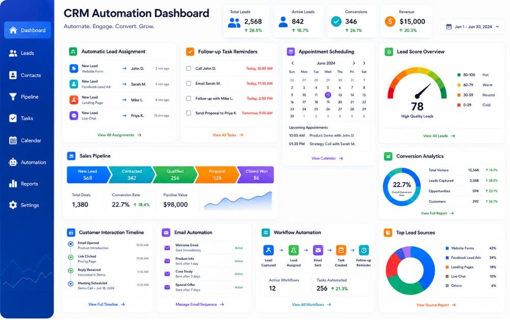Lead Capture to CRM Automation dashboard, CRM automation workflow, lead management dashboard, sales pipeline automation, lead nurturing, email automation, CRM analytics, conversion tracking, small business CRM.