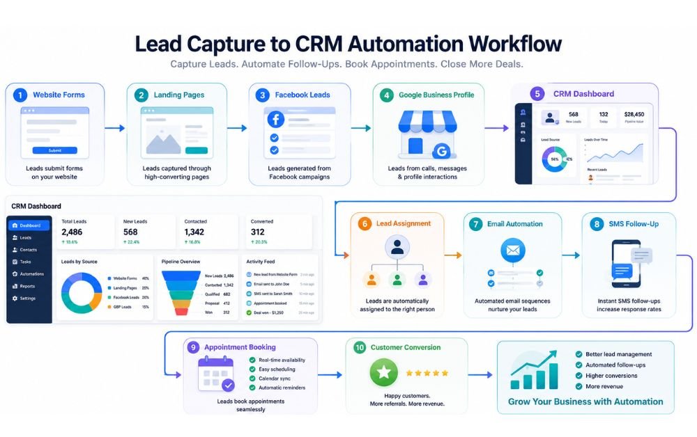 Lead Capture to CRM Automation workflow showing website forms, CRM dashboard, email automation, SMS follow-ups, appointment booking, and customer conversion.