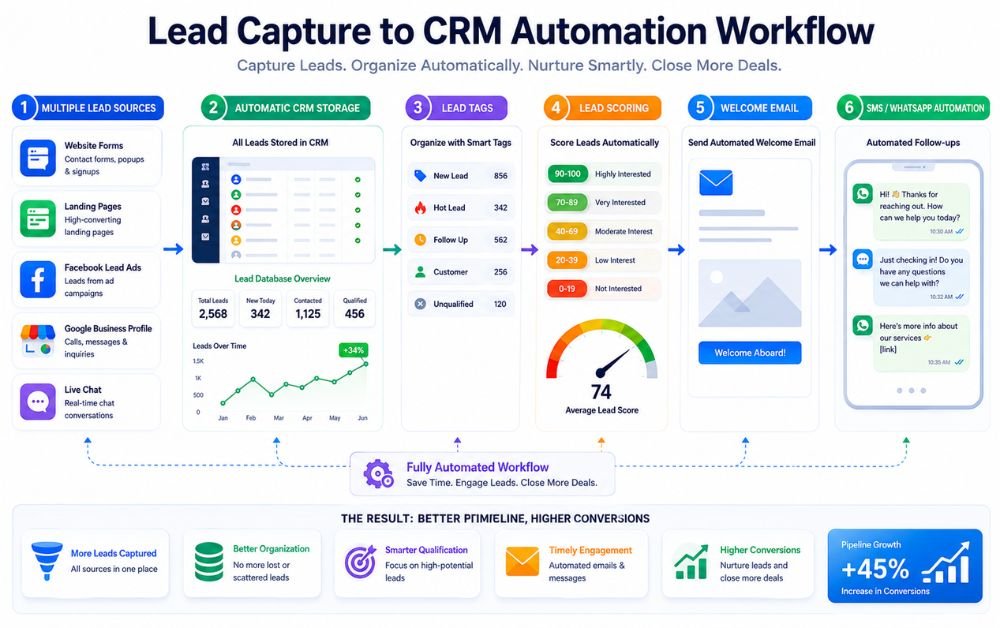 Lead Capture to CRM Automation workflow infographic showing lead sources, CRM storage, lead scoring, email automation, SMS follow-ups, and customer nurturing.