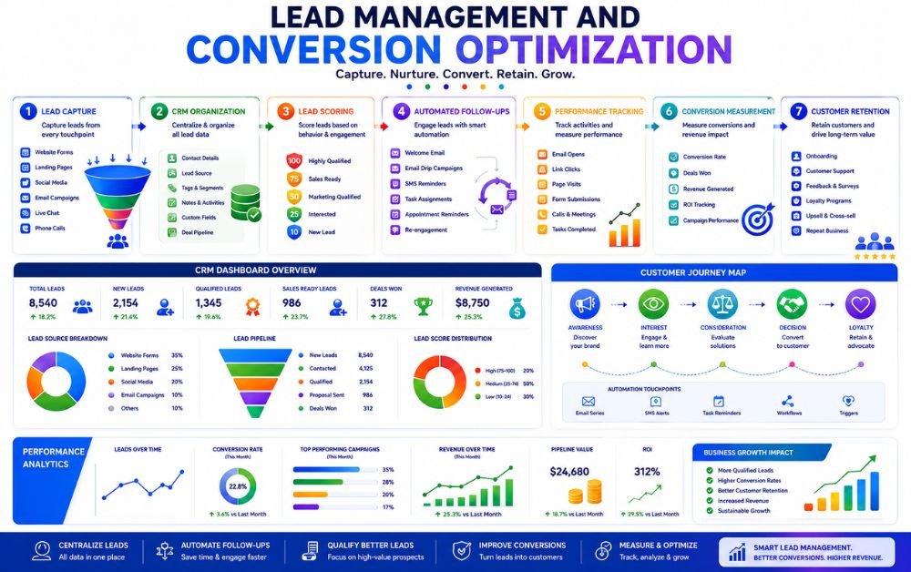 Lead management and conversion optimization infographic, lead management system, CRM workflow, lead capture automation, lead scoring, lead nurturing, CRM dashboard, sales pipeline management, conversion optimization, customer journey mapping, marketing automation, small business CRM.
